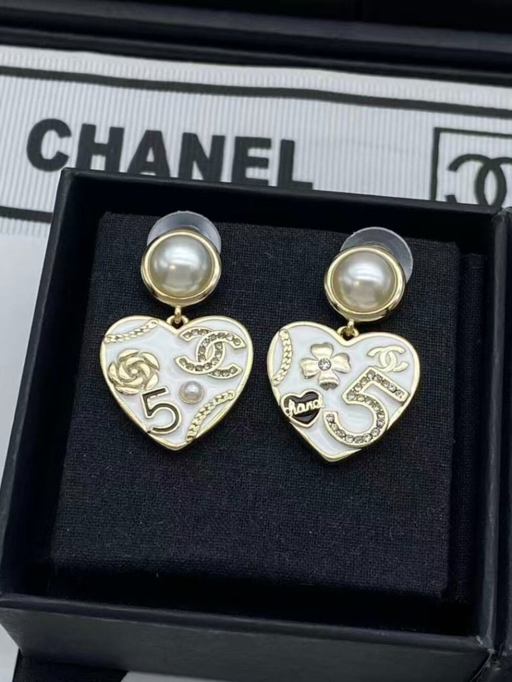 Like-New Chanel Lucky Charm Heart & Pearl Drop Earrings